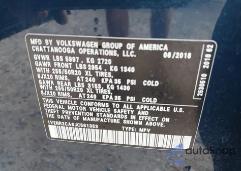 2018 Volkswagen Atlas 3.6L V6 Sel Premium из США, поврежденный, VIN 1V2NR2CA6JC581353